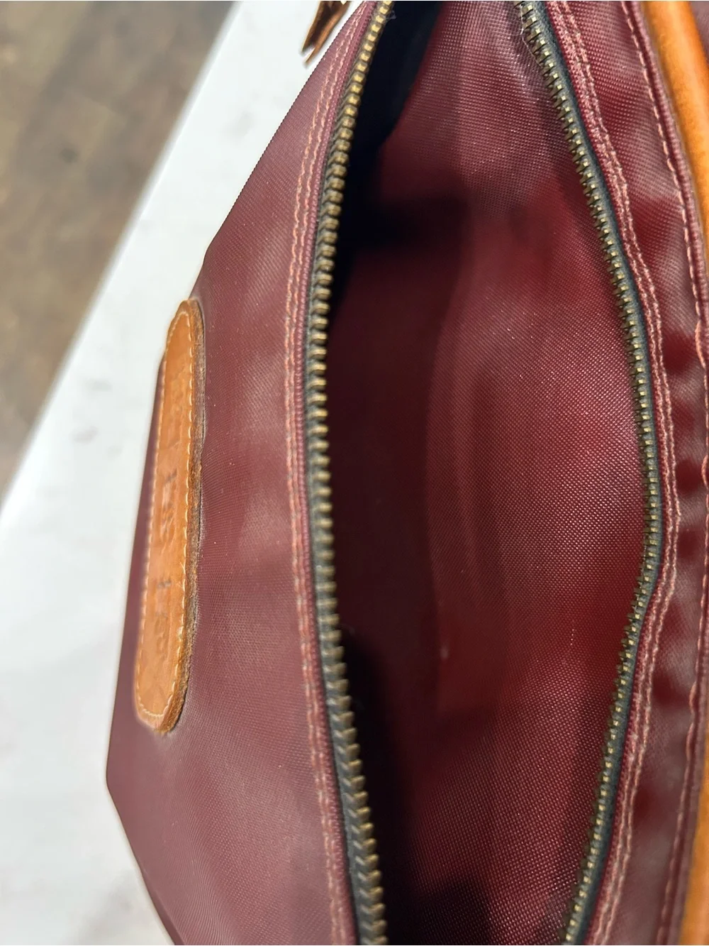 Brown Leather-Trim Burgandy Backpack